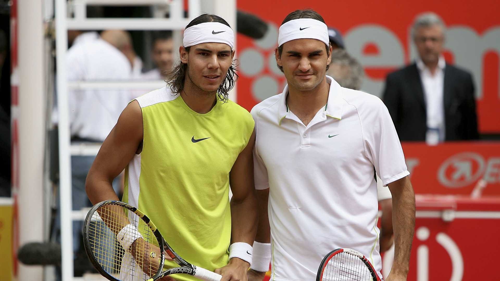 <a href='https://www.atptour.com/en/players/rafael-nadal/n409/overview'>Rafael Nadal</a> and <a href='https://www.atptour.com/en/players/roger-federer/f324/overview'>Roger Federer</a> ahead of the 2006 Rome final.