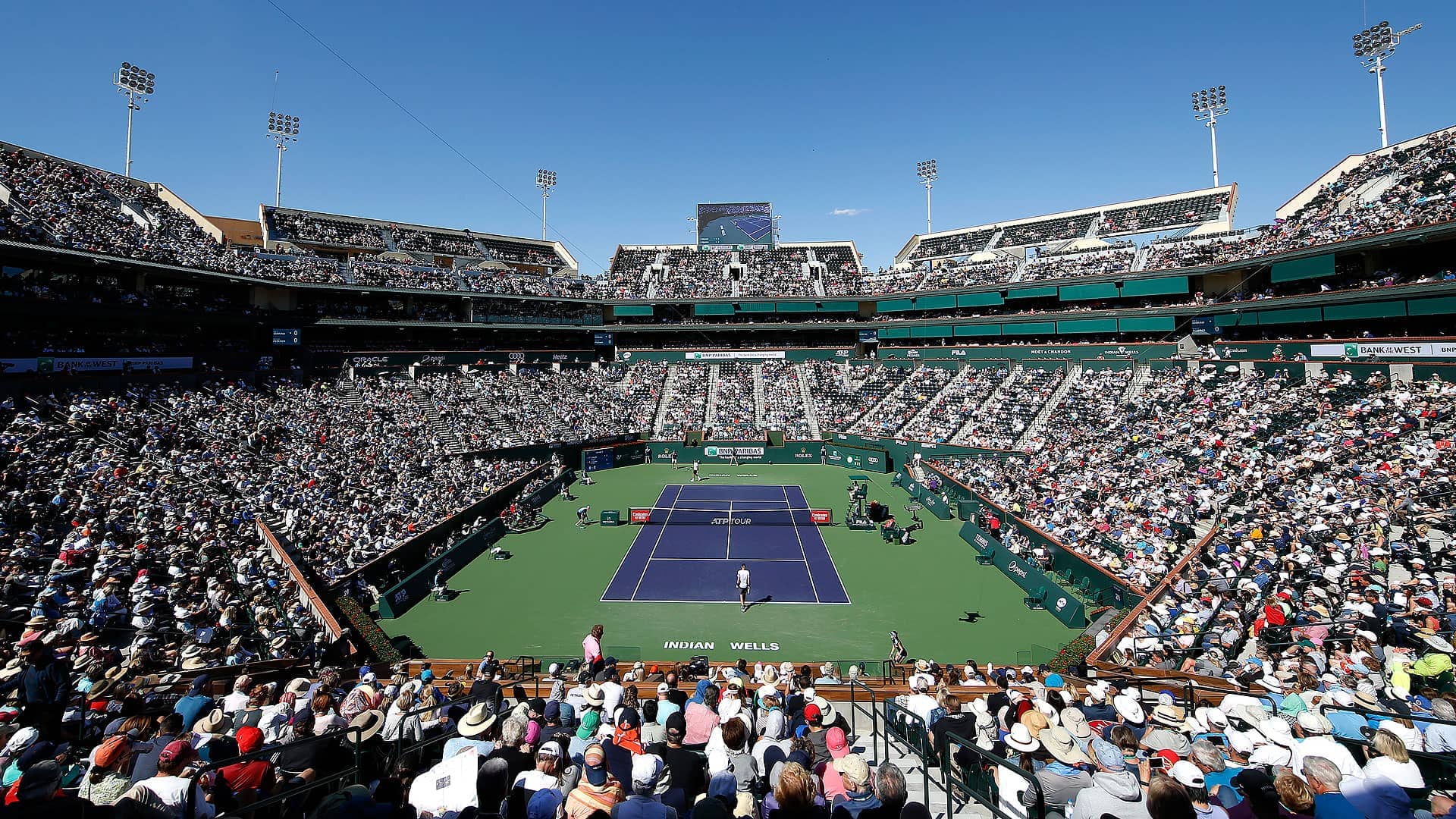 A wide angle view of Stadium 1, the main show court of the BNP Paribas Open at the Indian Wells Tennis Garden.