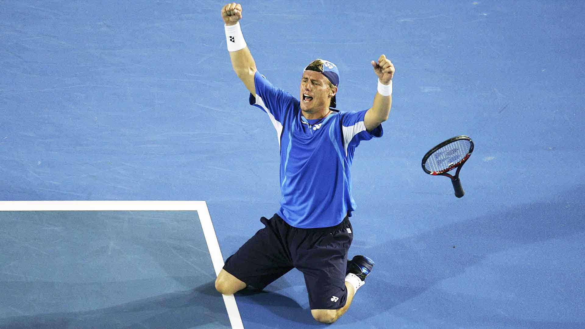 <a href='https://www.atptour.com/en/players/lleyton-hewitt/h432/overview'>Lleyton Hewitt</a> beats <a href='https://www.atptour.com/en/players/marcos-baghdatis/b837/overview'>Marcos Baghdatis</a> in five sets at the <a href='https://www.atptour.com/en/tournaments/australian-open/580/overview'>Australian Open</a> in 2008.