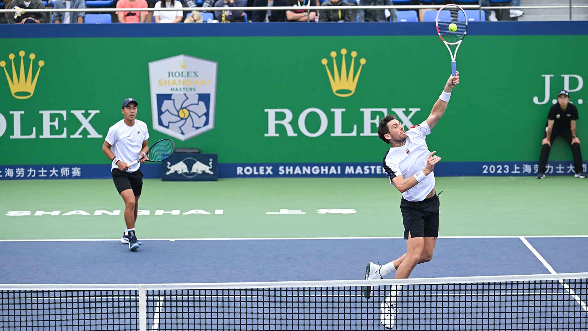 Rinky Hijikata and Cameron Norrie in action on Tuesday in Shanghai.