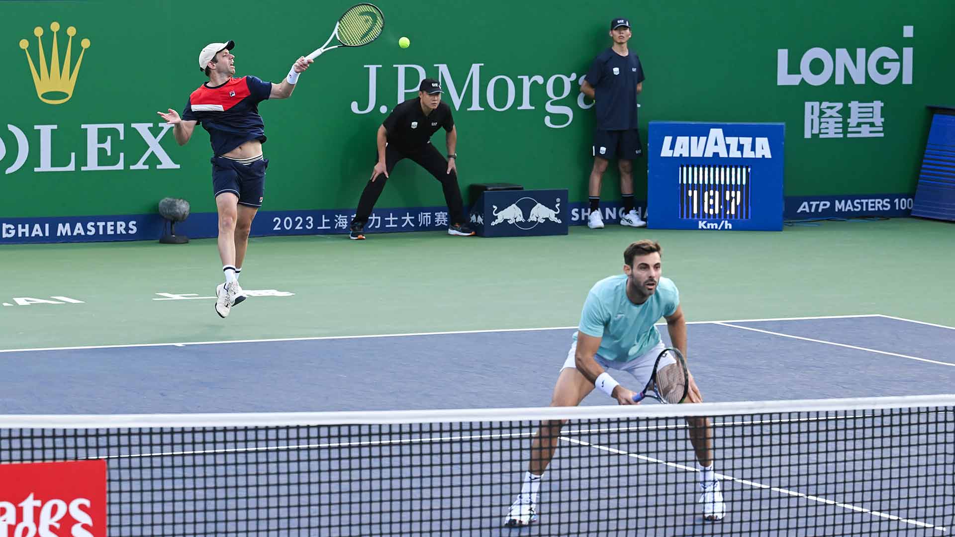 Horacio Zeballos and Marcel Granollers in quarter-final action on Wednesday in Shanghai.