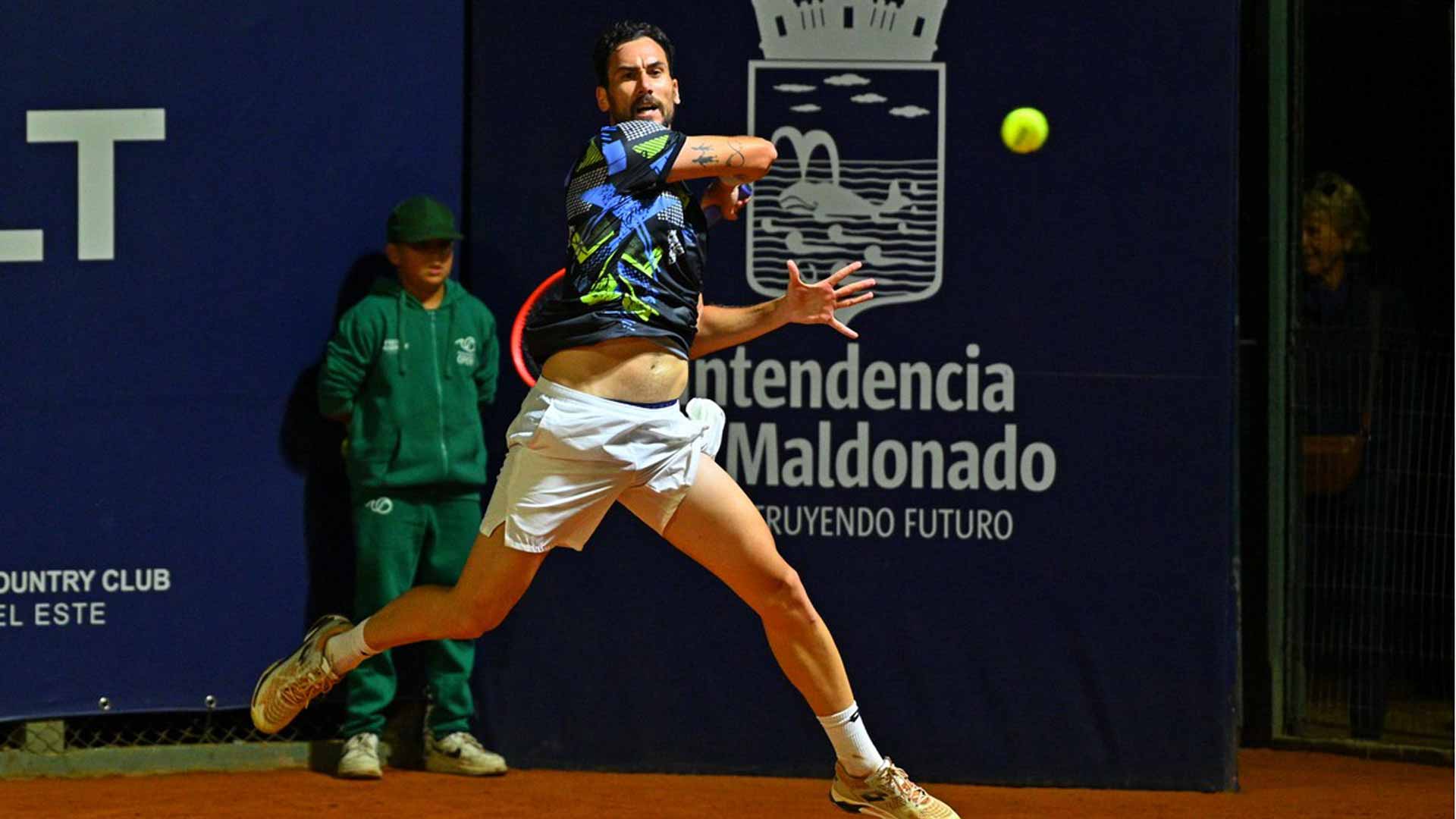 <a href='https://www.atptour.com/en/players/gianluca-mager/ml57/overview'>Gianluca Mager</a> in action at the <a href='https://www.atptour.com/en/scores/archive/punta-del-este/2901/2024/results'>Punta del Este</a> Challenger, where he won the title.