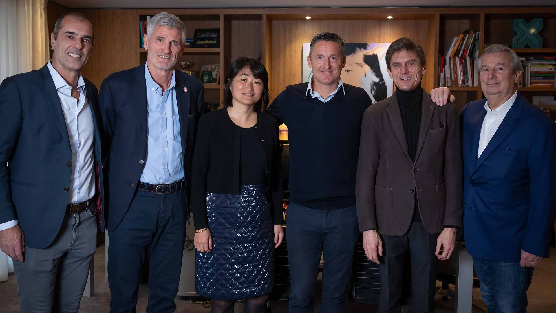 Cédric Pioline, director of the Rolex Paris Masters, Gilles Moretton, president of the FFT, Caroline Flaissier, CEO of the FFT, Andrea Gaudenzi, ATP Chairman, Frédéric Longuépée, CEO of the Paris La Défense Arena, and Jacky Lorenzetti, chairman of the Ovalto Group’s supervisory board.