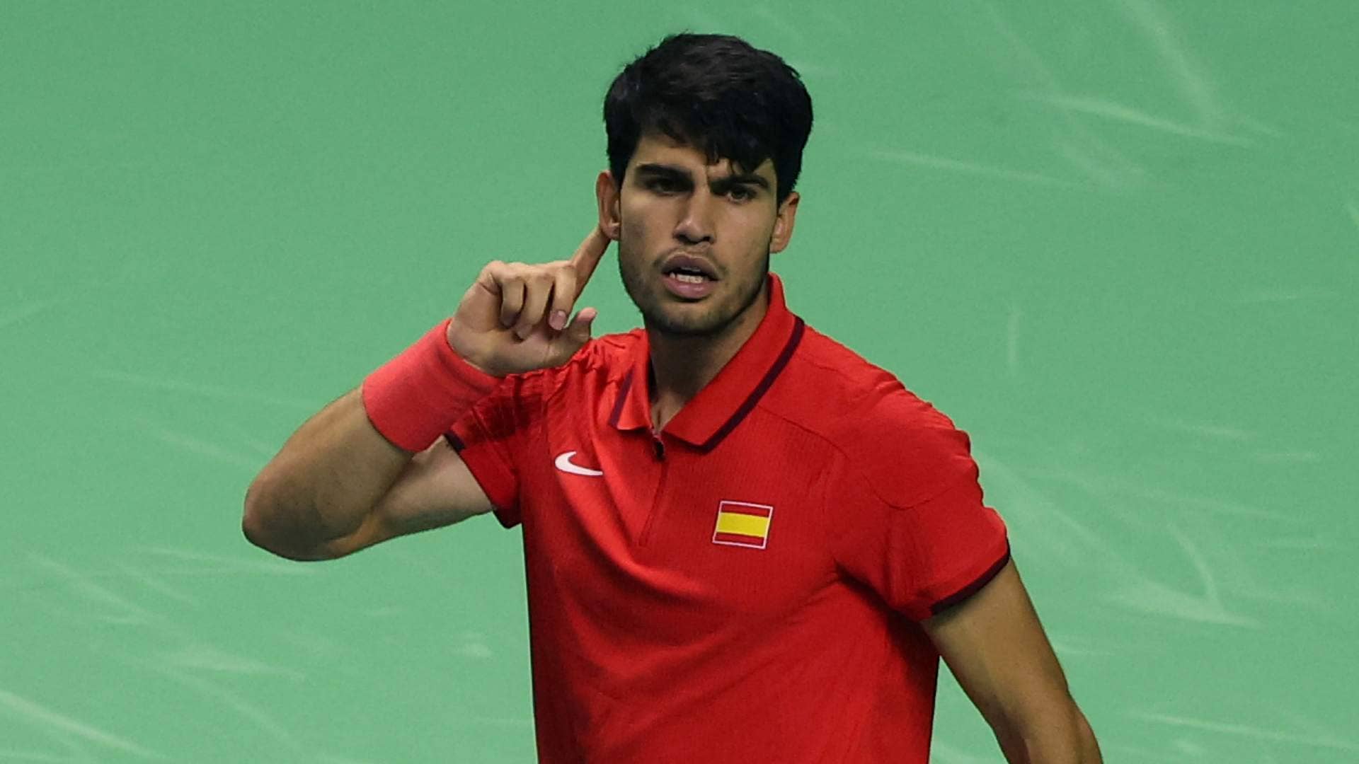 Carlos Alcaraz in action on Tuesday at the Davis Cup Final 8 in Malaga. 