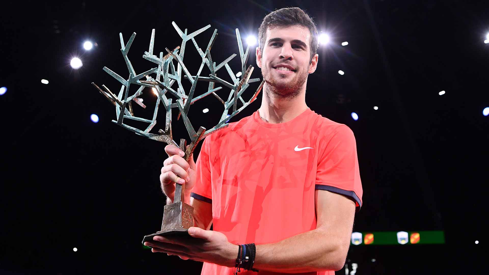 Karen Khachanov celebrates his maiden ATP World Tour Masters 1000 title in Paris.