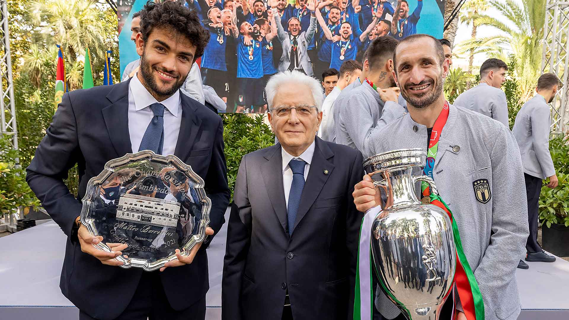 Matteo Berrettini with Sergio Mattarella, the Italian President, and Italian football captain Giorgio Chiellini in Rome on Monday.