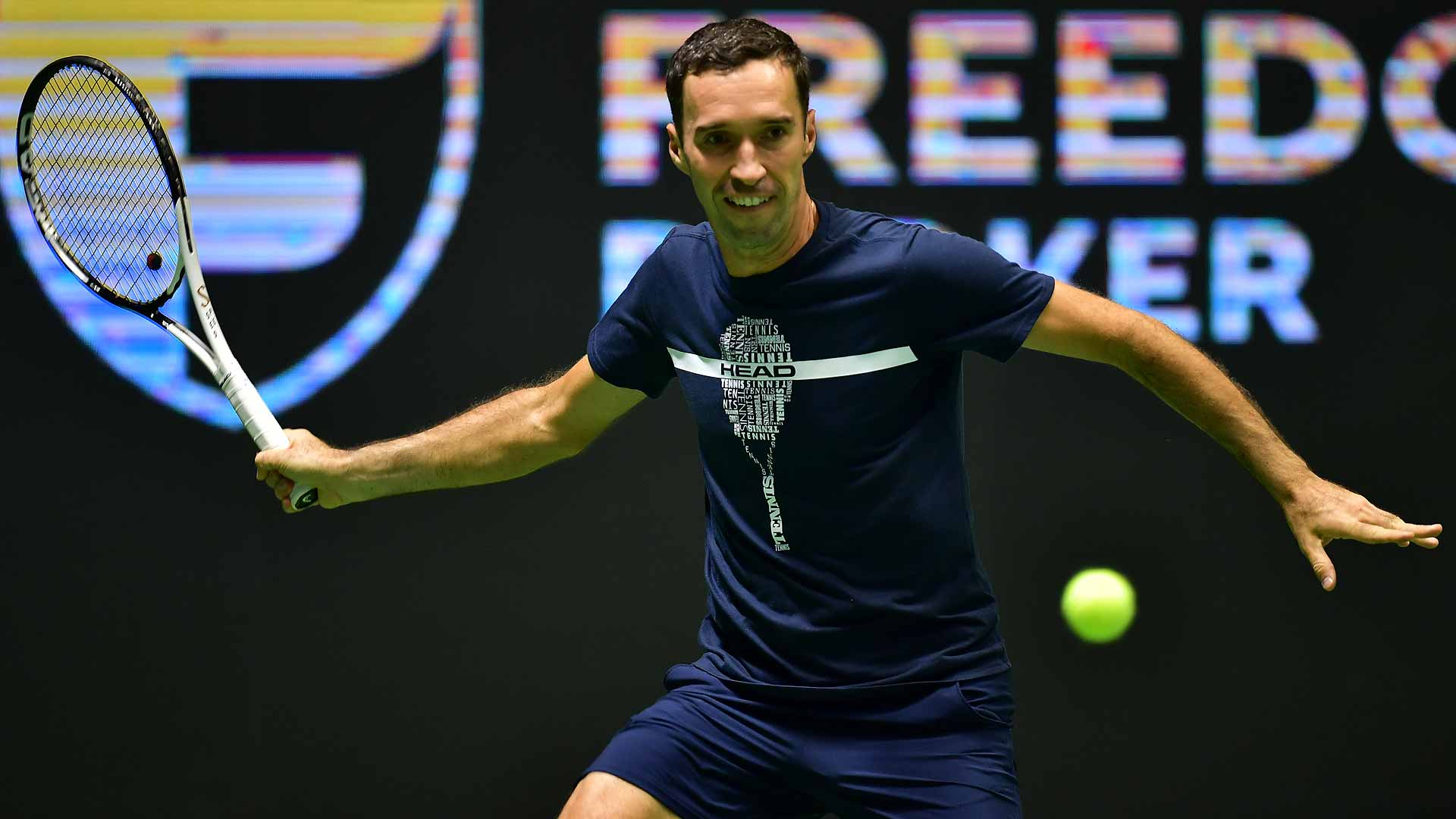 Mikhail Kukushkin practises on Friday at the Astana Open, where he reached the quarter-finals in 2020.