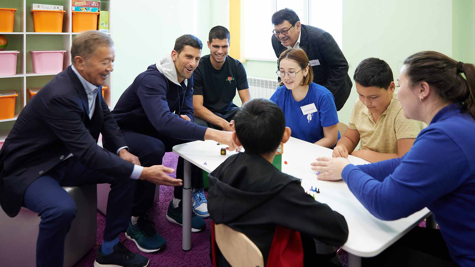 Novak Djokovic and Carlos Alcaraz speak with children at ‘Asyl Miras’, an autism centre in Kazakhstan.
