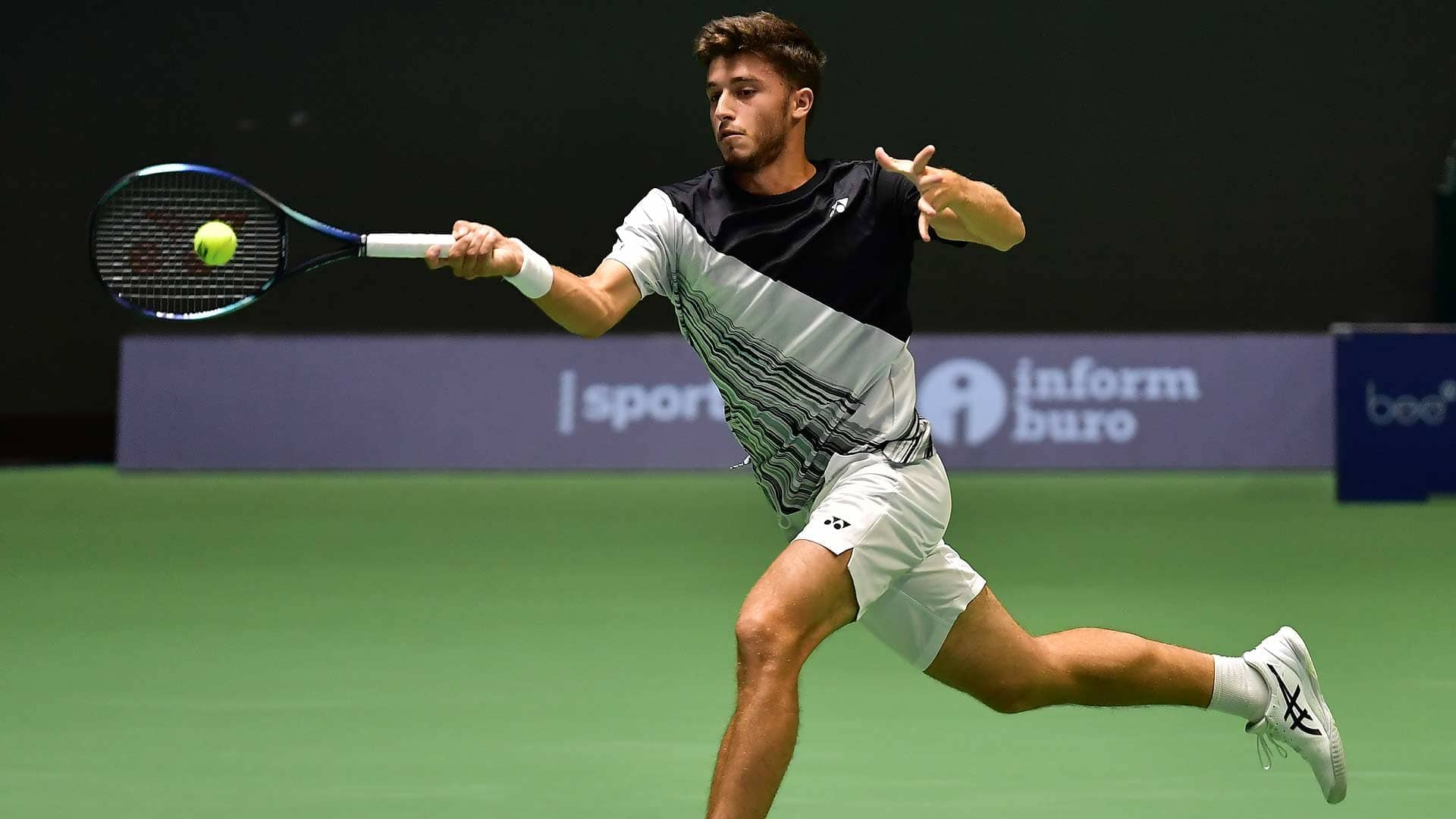 Luca Nardi strikes a forehand during his win against David Goffin in Astana qualifying on Sunday.