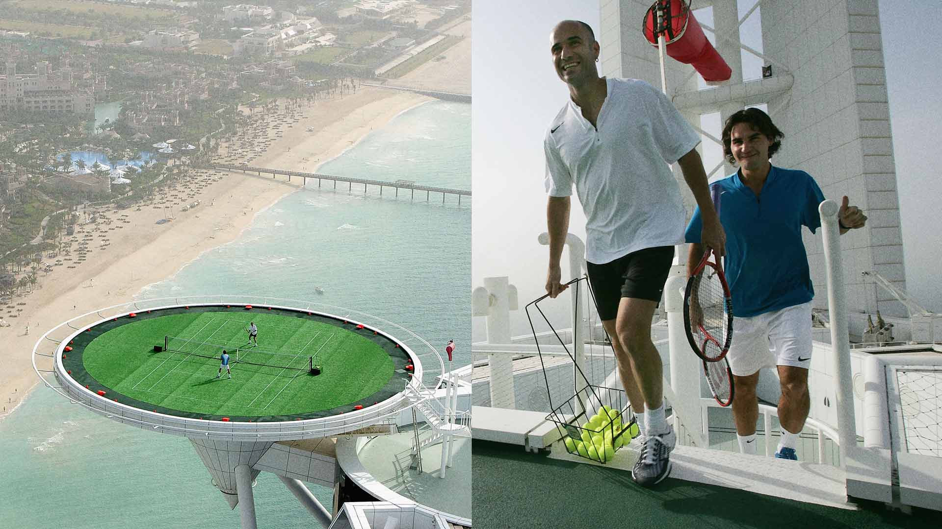 Andre Agassi & Roger Federer step on court on the Burj Khalifa helipad in 2005.