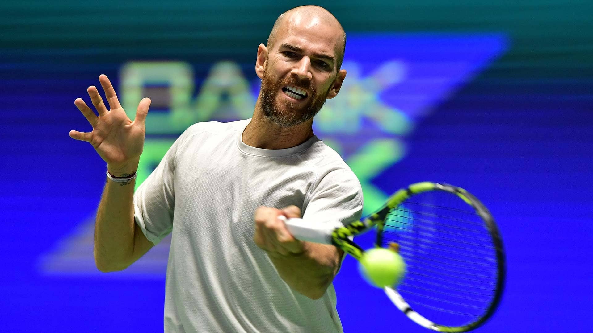 Adrian Mannarino in action in Astana on Friday.