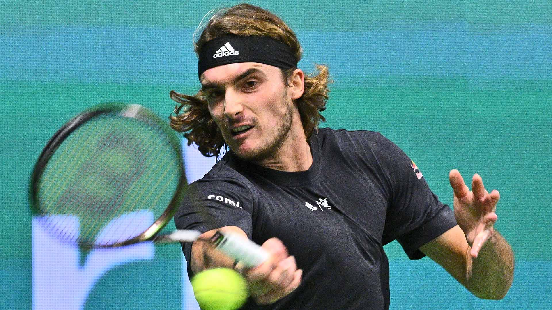 Stefanos Tsitsipas in action against Emil Ruusuvuori on Saturday in Stockholm.