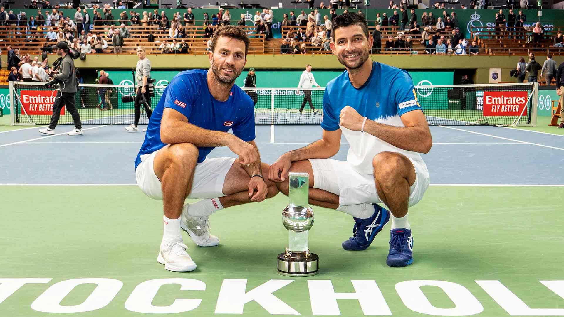 Jean-Julien Rojer and Marcelo Arevalo celebrate in Stockholm on Sunday.