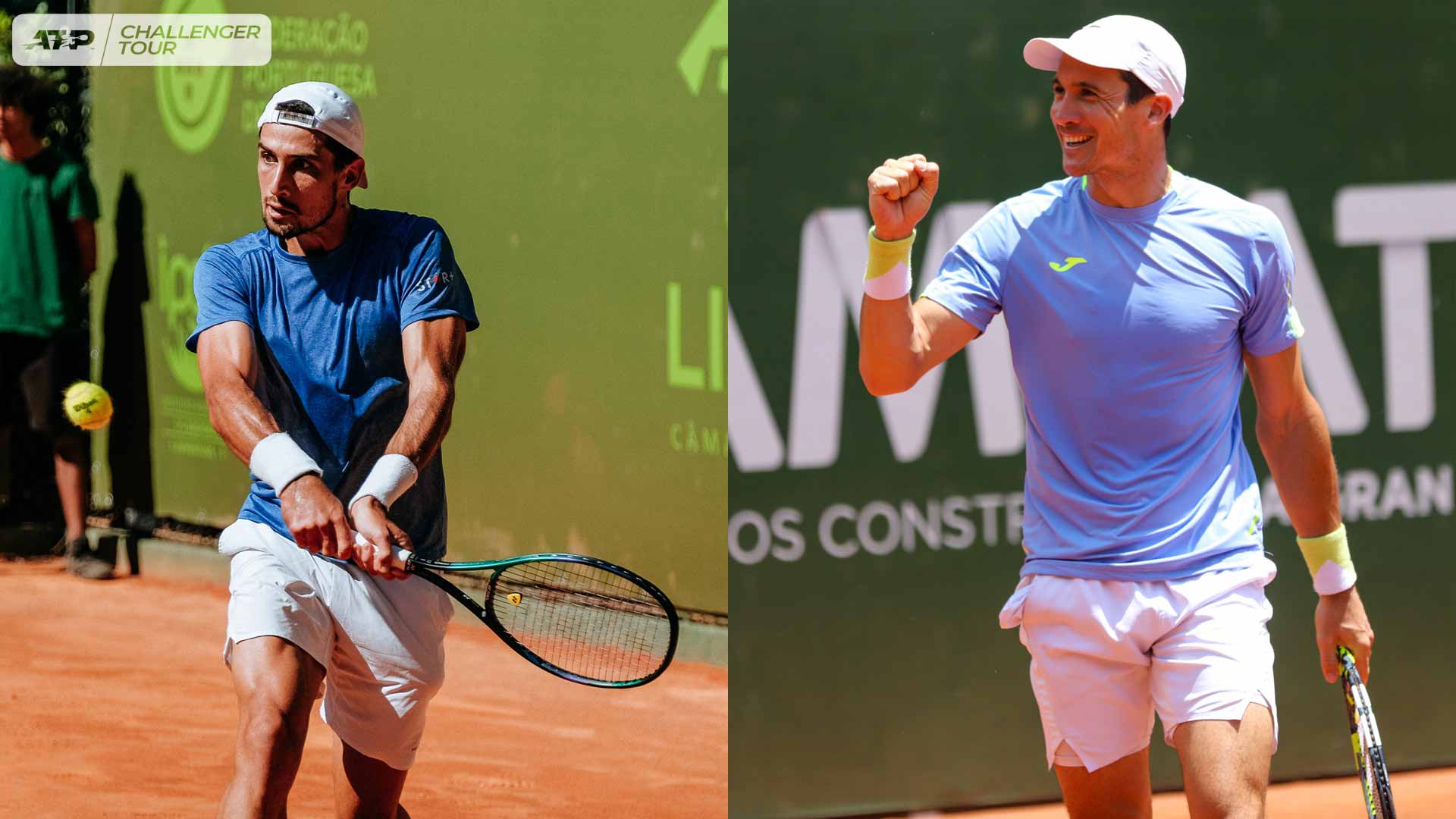 Pedro Cachin (left) at the Lisbon Challenger, Facundo Bagnis celebrates winning a point at the Ambato Challenger.