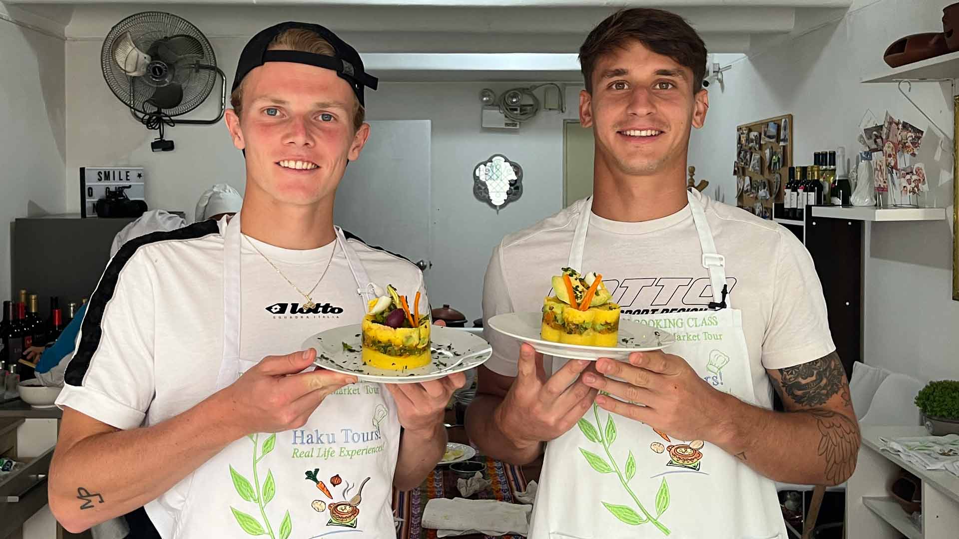 Jesper de Jong (left) and Camilo Ugo Carabelli make causa limeña in Lima, Peru.
