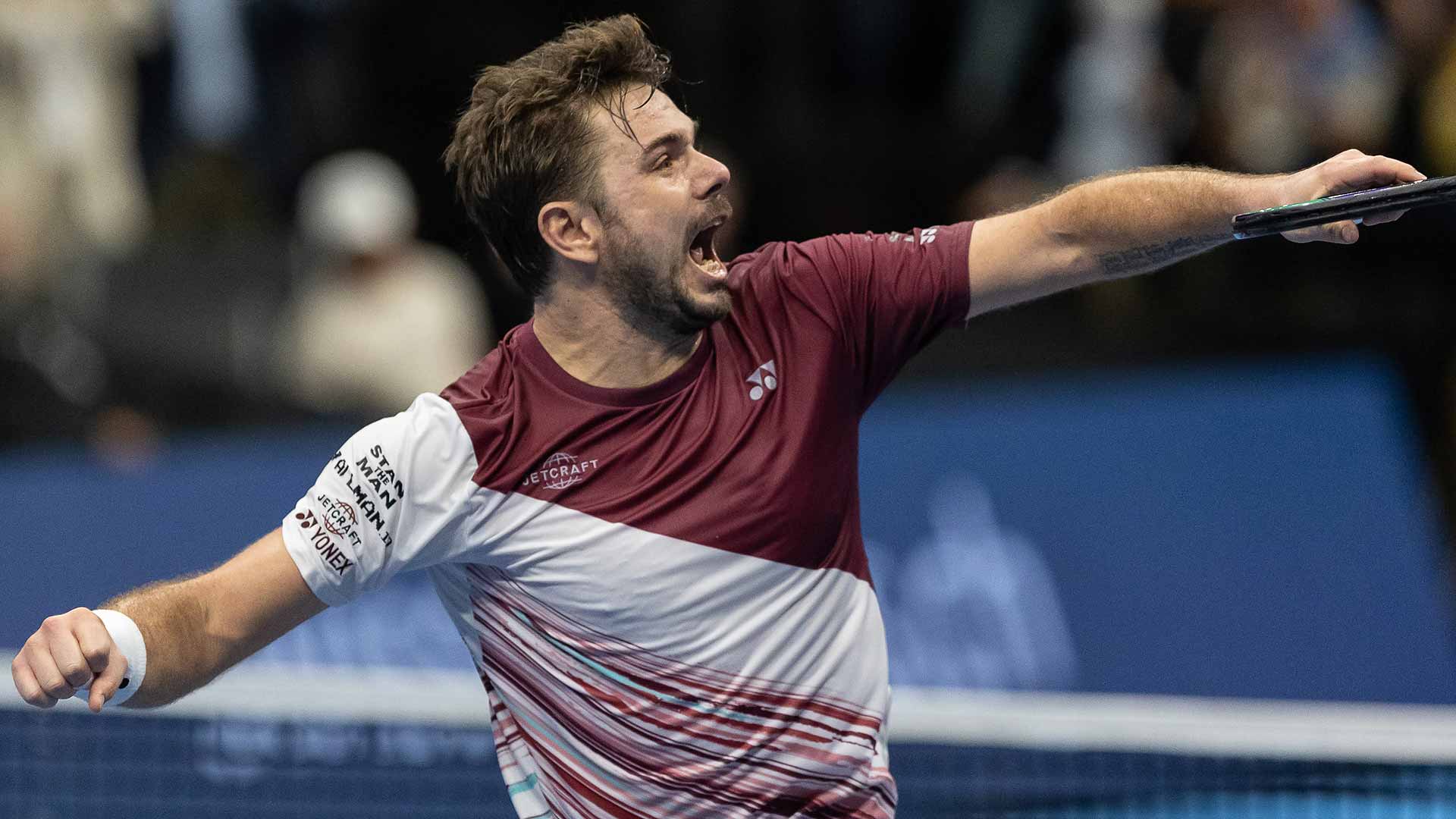 Stan Wawrinka celebrates his second-round win against Brandon Nakashima on Thursday in Basel.