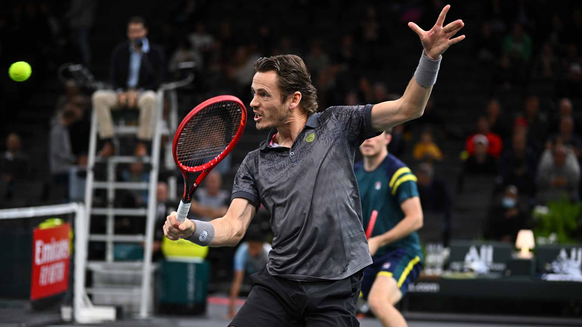 Wesley Koolhof hits a backhand volley Saturday at the Rolex Paris Masters.