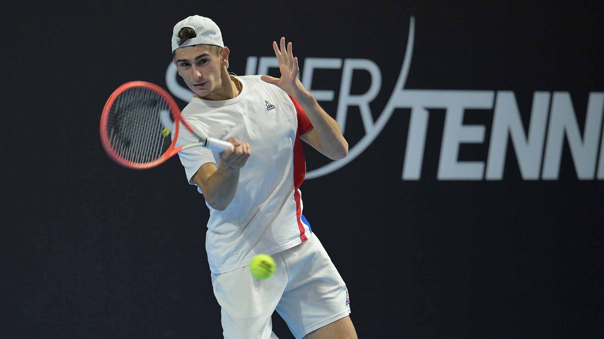 Matteo Arnaldi practises ahead of Tuesday's start of the Intesa Sanpaolo Next Gen ATP Finals.