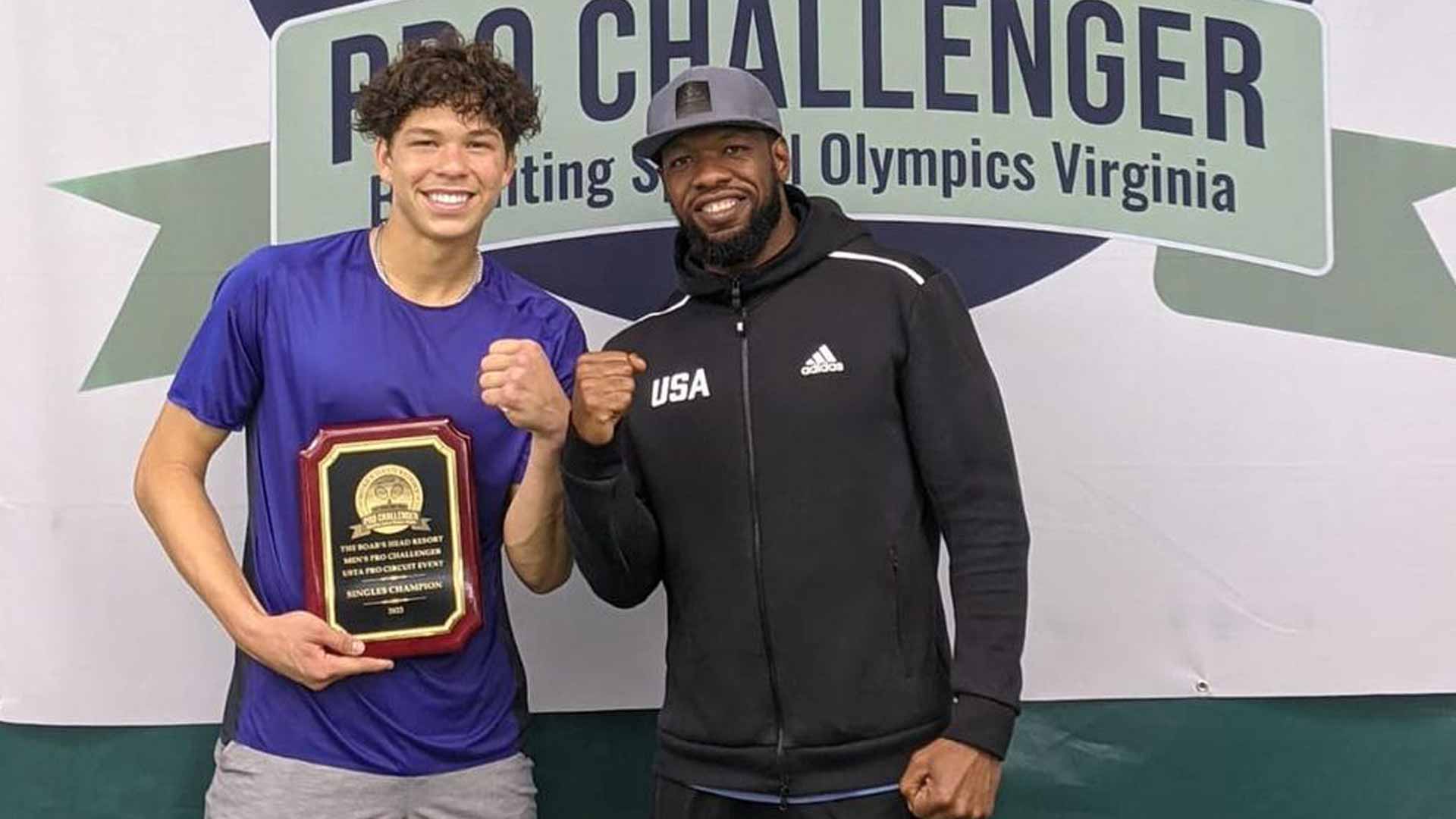 Ben Shelton (left) and fitness coach Reshard Langford at the Charlottesville Challenger.