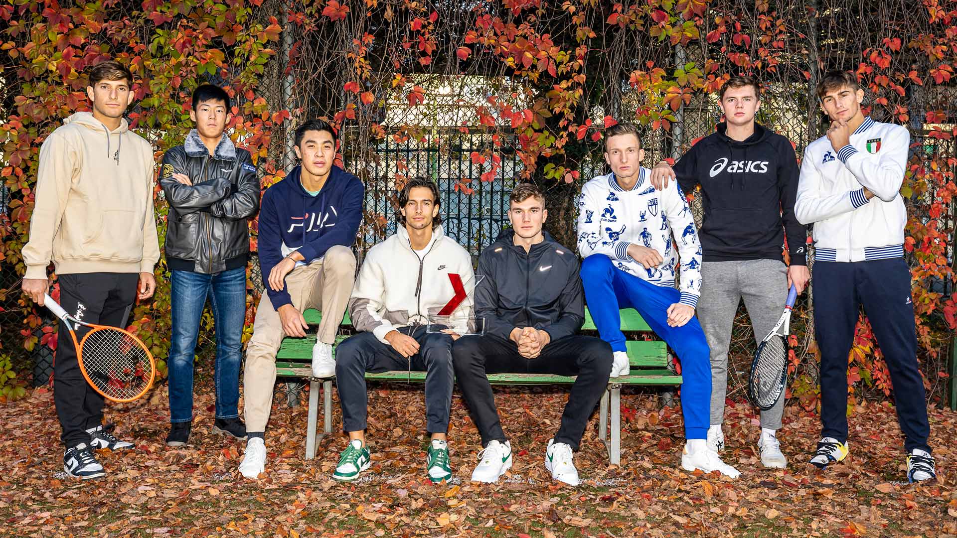 Francesco Passaro, Chun-Hsin Tseng, Brandon Nakashima, Lorenzo Musetti, Jack Draper, Jiri Lehecka, Dominic Stricker and Matteo Arnaldi pose for the official group photo of the 2022 Intesa Sanpaolo Next Gen ATP Finals.