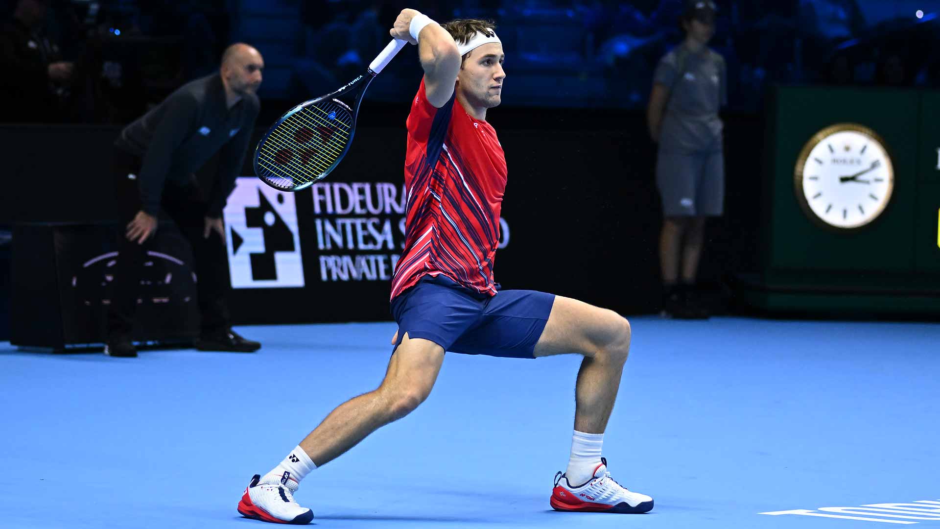 Casper Ruud in action against Felix Auger-Aliassime on Sunday at the Nitto ATP Finals.