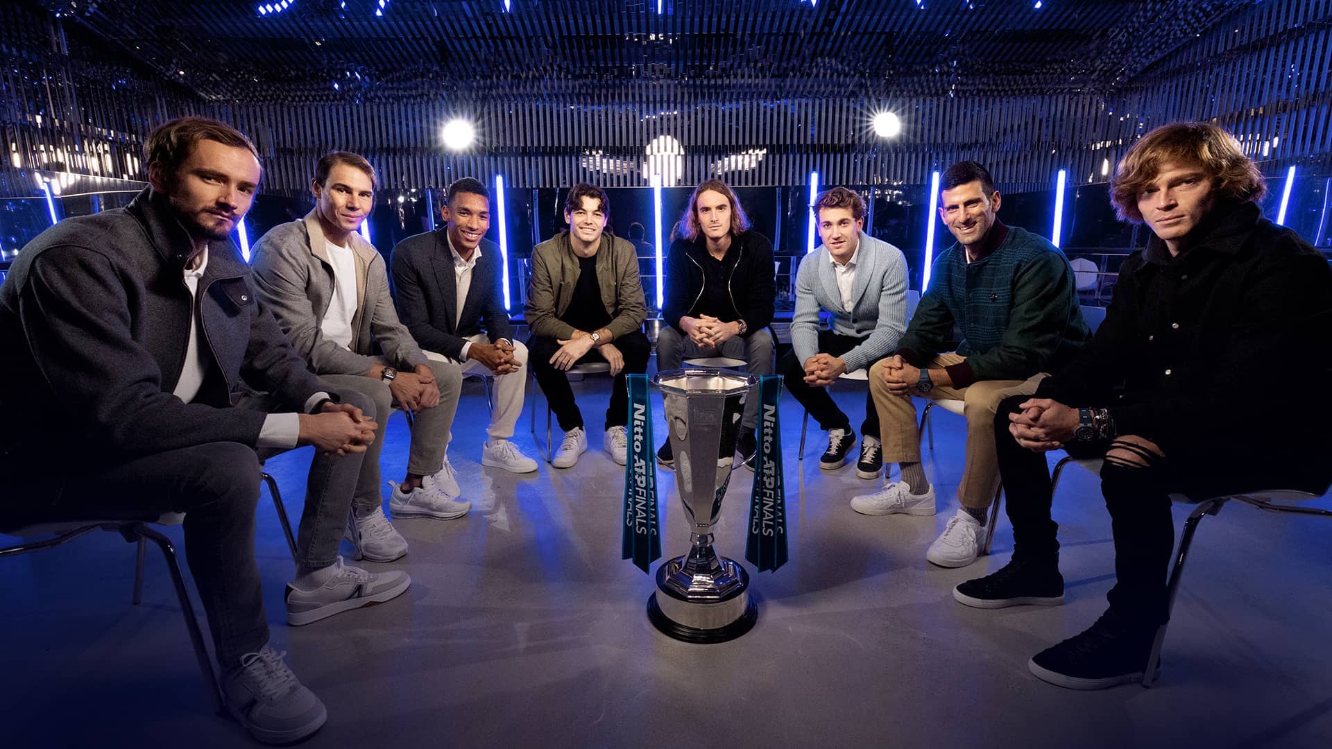 Daniil Medvedev, Rafael Nadal, Felix Auger-Aliassime, Taylor Fritz, Stefanos Tsitsipas, Casper Ruud, Novak Djokovic and Andrey Rublev chat in Turin.