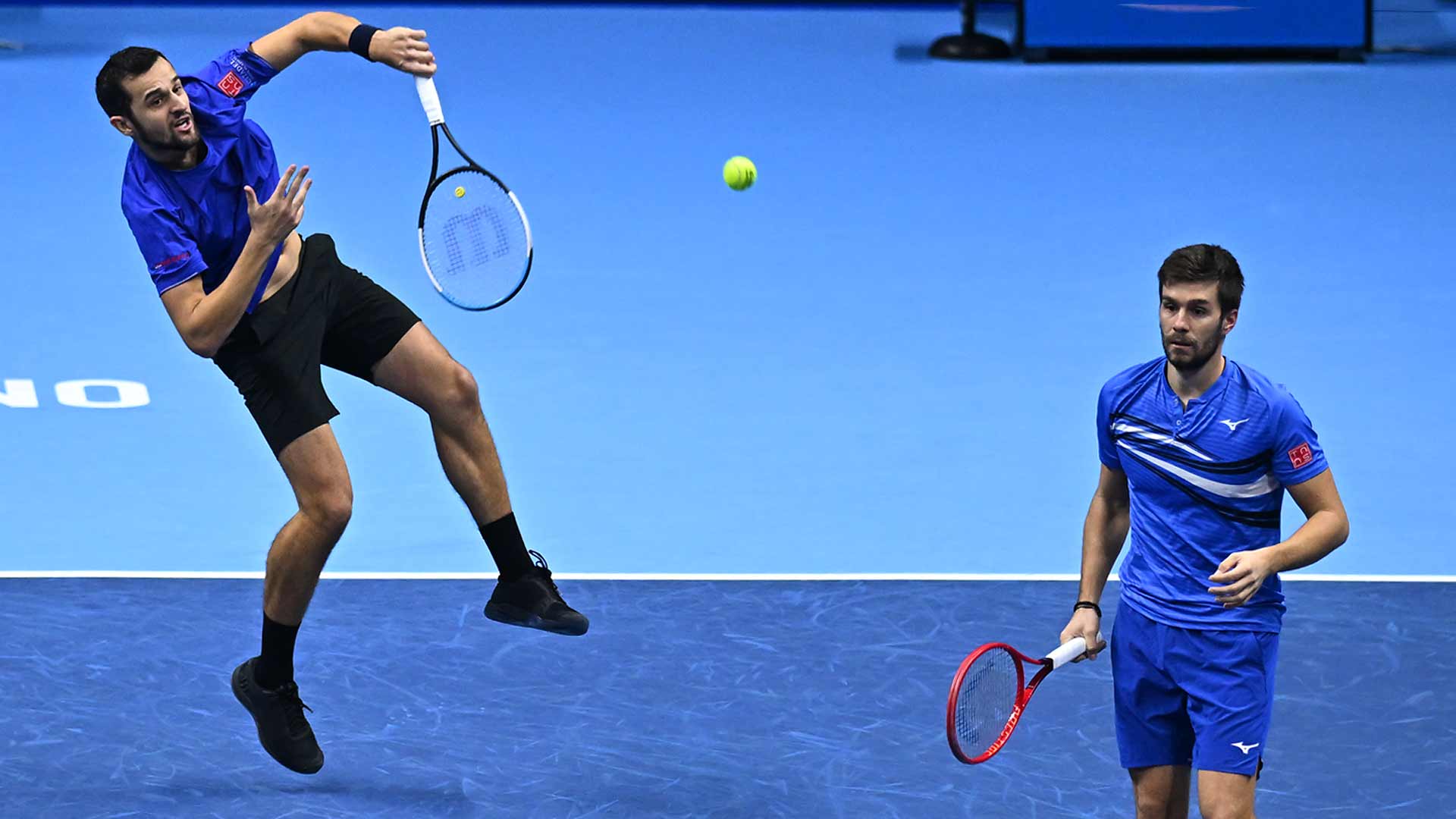 Mate Pavic and Nikola Mektic in action on Wednesday at the Nitto ATP Finals in Turin.