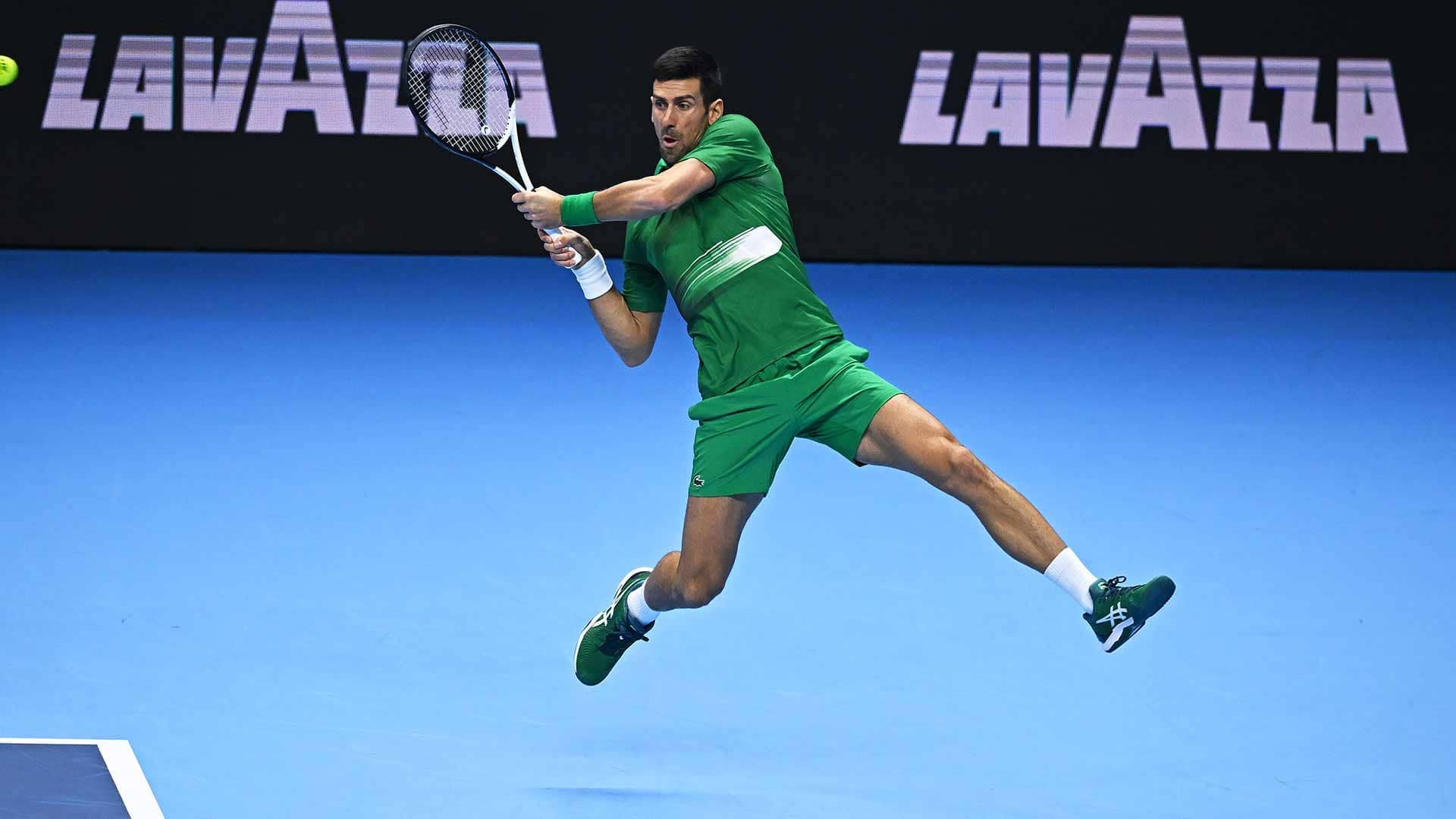 Novak Djokovic in semi-final action against Taylor Fritz on Saturday at the Nitto ATP Finals.