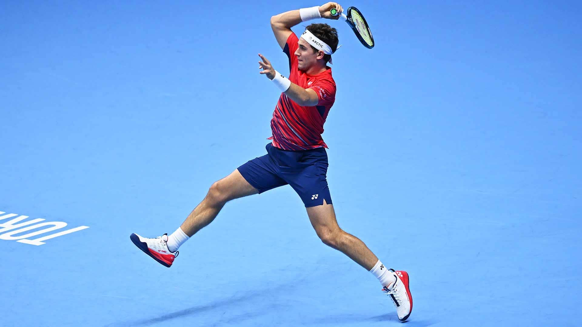 Casper Ruud in full flight against Andrey Rublev in the Nitto ATP Finals semi-finals.
