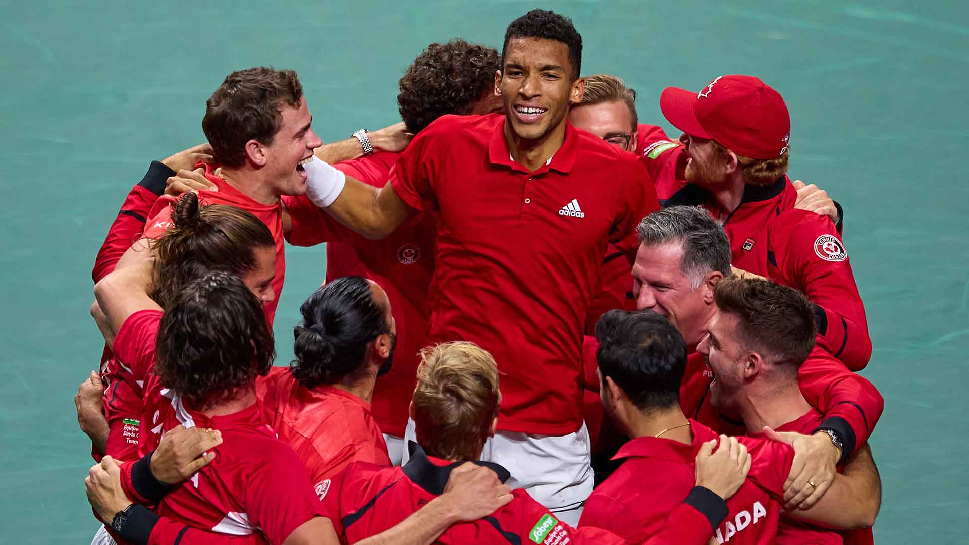 Canada celebrates winning the Davis Cup Finals title on Sunday in Malaga.