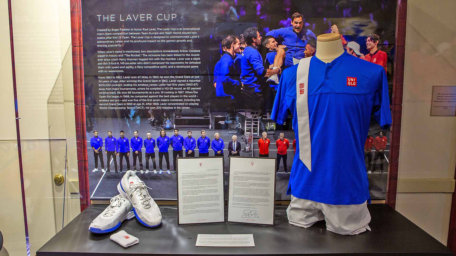 The kit Roger Federer wore during his final match is on display in the museum at the International Tennis Hall of Fame in Newport, Rhode Island.