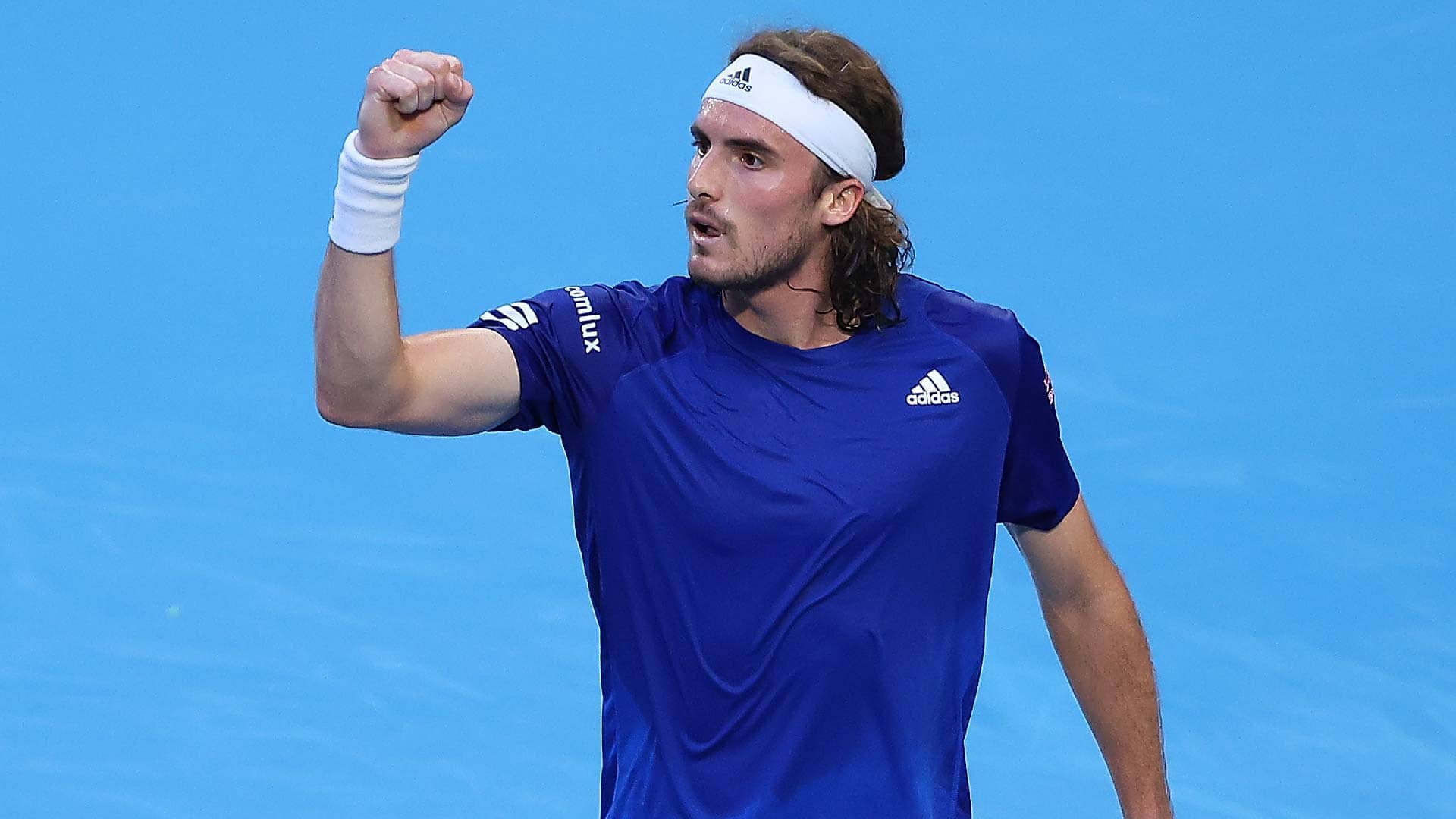 Stefanos Tsitsipas celebrates as he steers Team Greece to a 2-0 lead against Team Bulgaria.