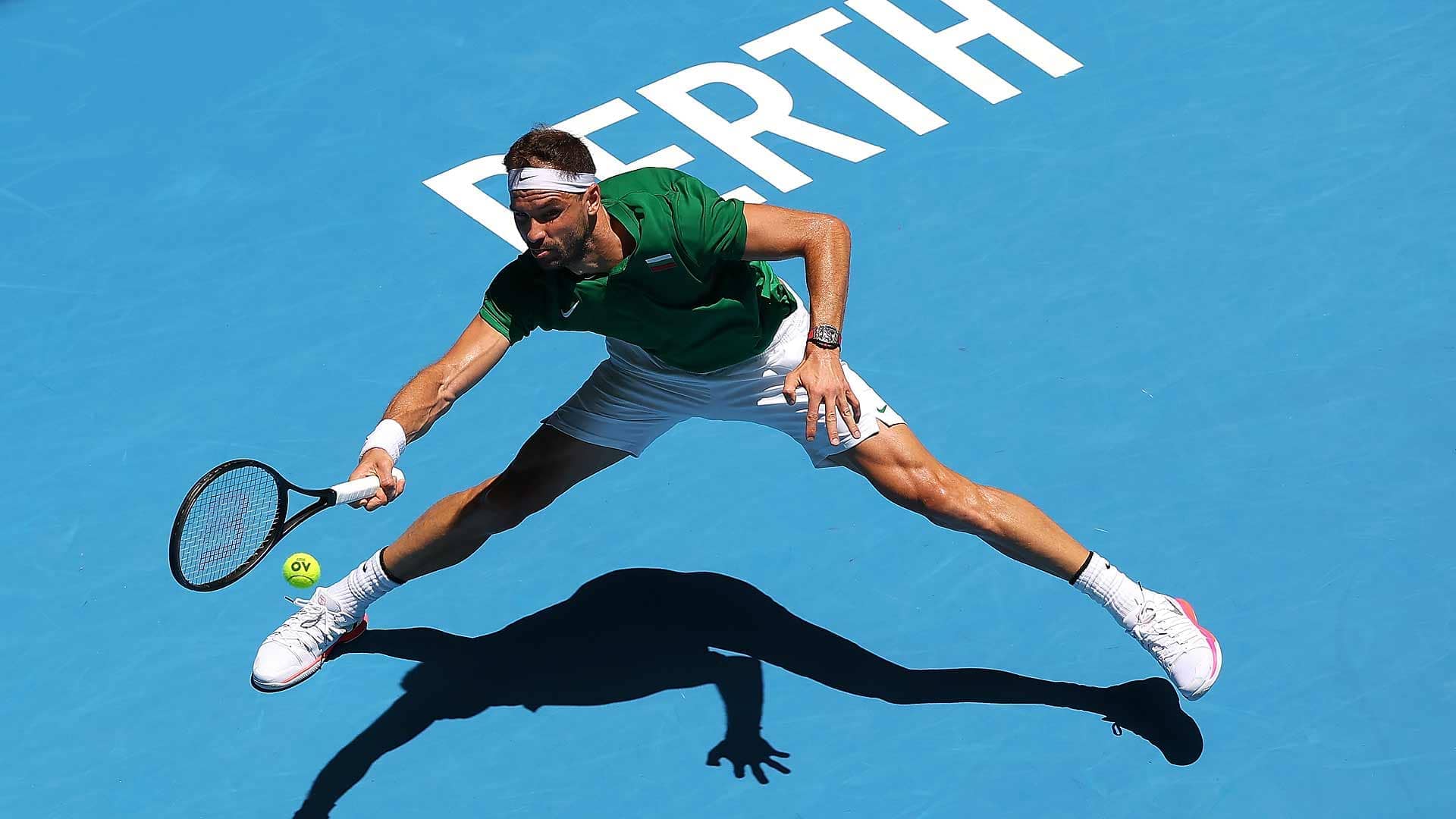 Grigor Dimitrov battles to victory against David Goffin on Saturday at Perth's RAC Arena.