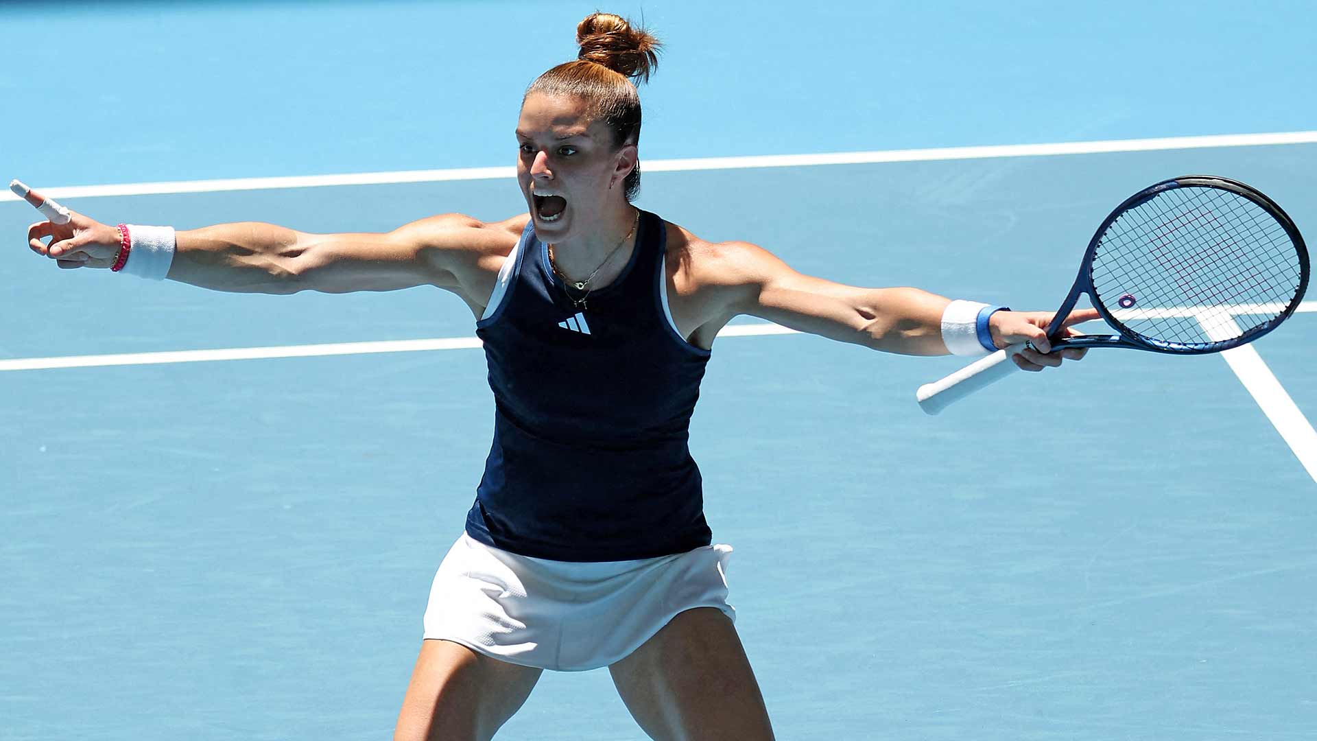 Maria Sakkari celebrates after clinching Team Greece's spot in the United Cup Perth City Finals on Tuesday.