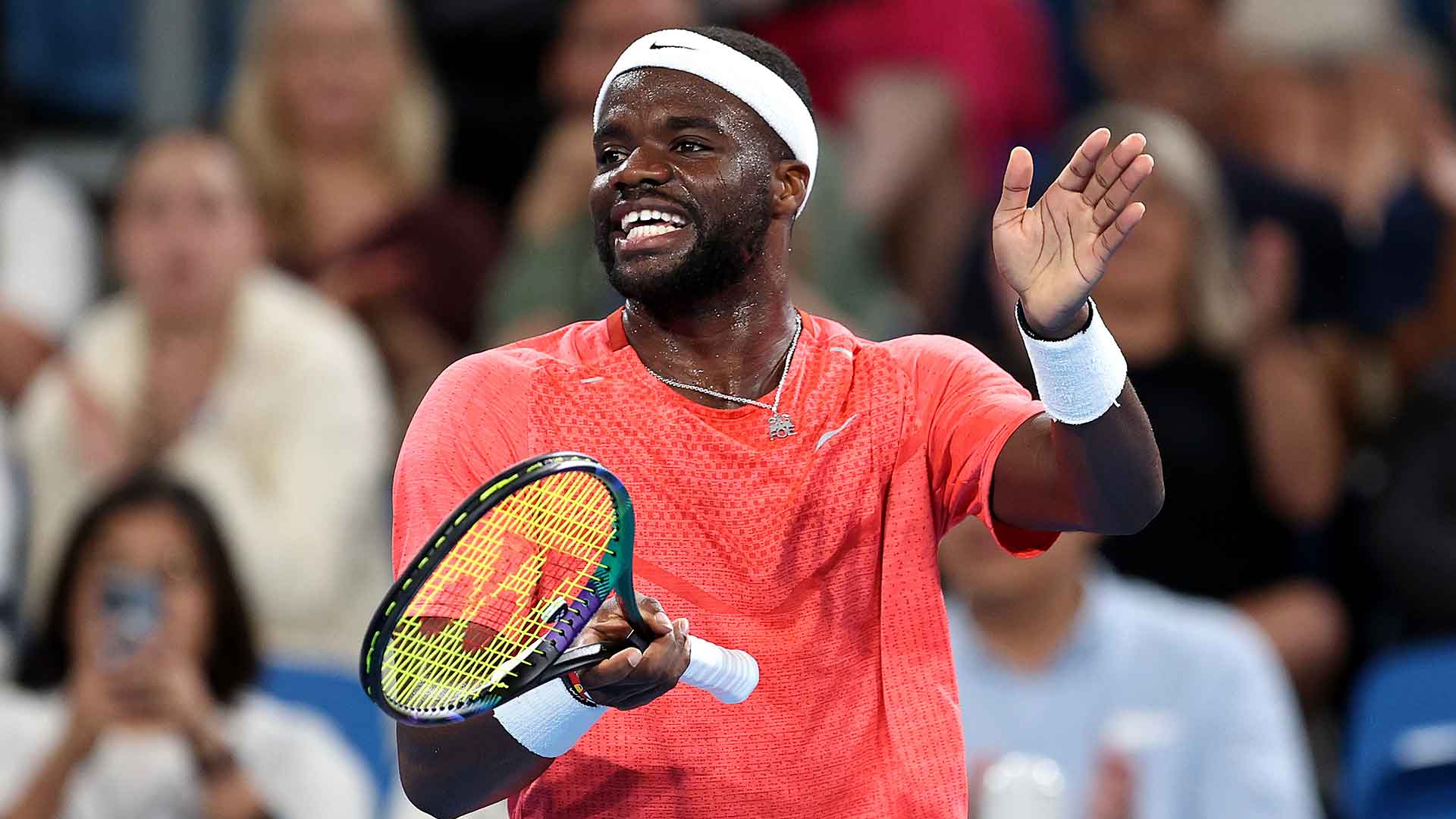 Frances Tiafoe celebrates his victory for Team United States on Wednesday in Sydney.