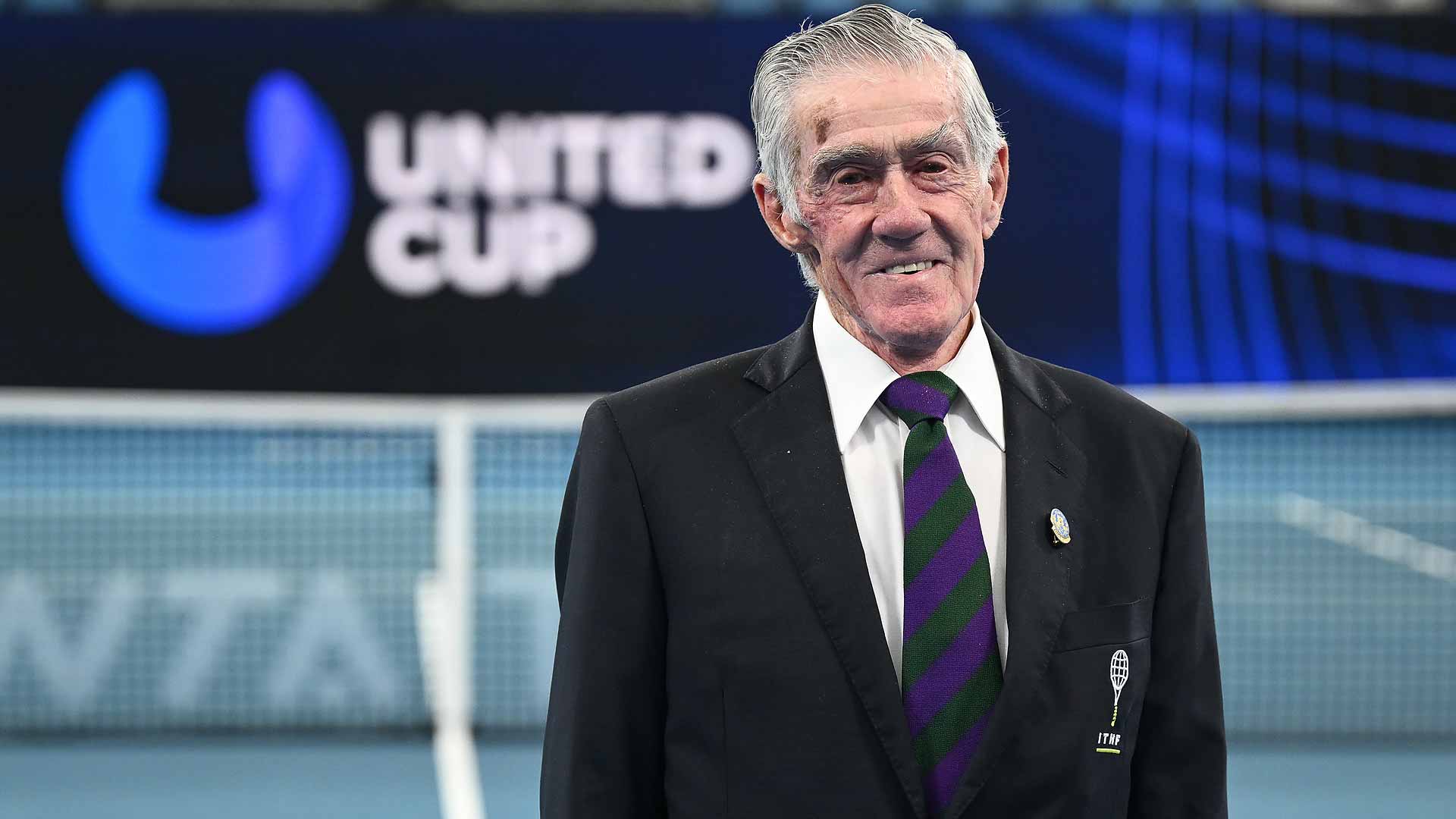 Ken Rosewall poses inside Ken Rosewall Arena ahead of the United Cup final.