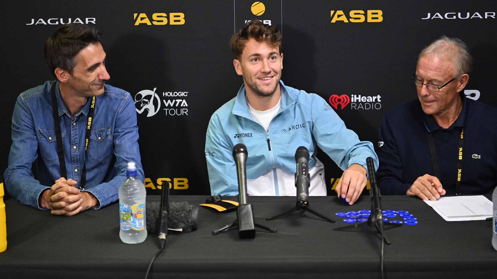 Tournament director Nicolas Lamperin, top seed Casper Ruud and ATP supervisor Gerry Armstrong during the draw in Auckland on Saturday.
