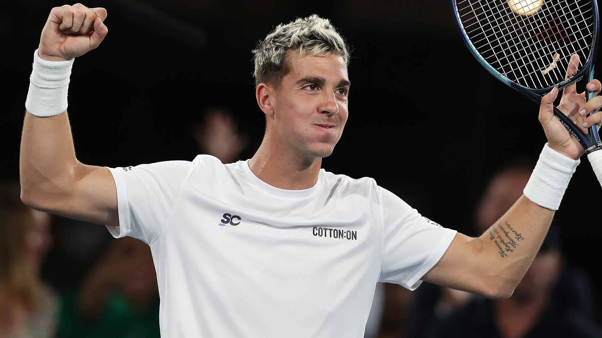 Thanasi Kokkinakis battles past Alexei Popyrin in three sets on Monday evening in Adelaide.