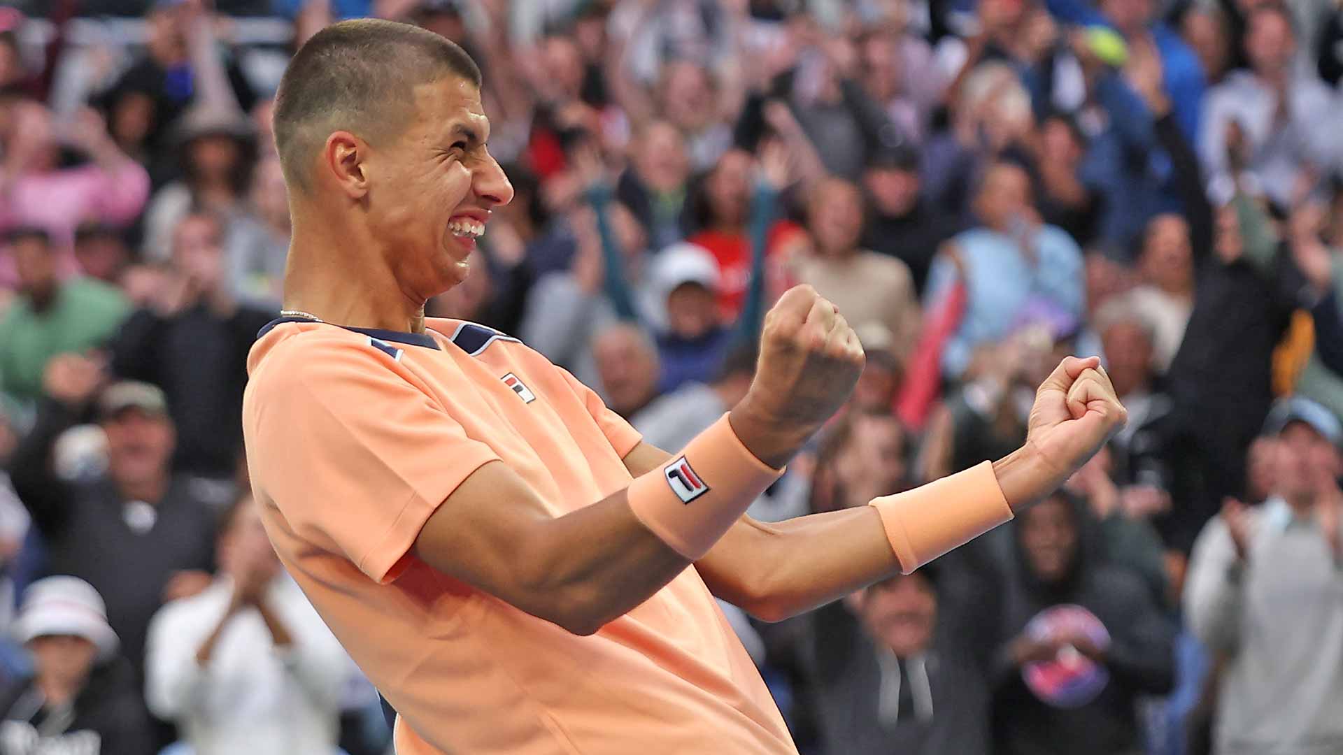 Alexei Popyrin celebrates his second-round win at the Australian Open against Taylor Fritz.