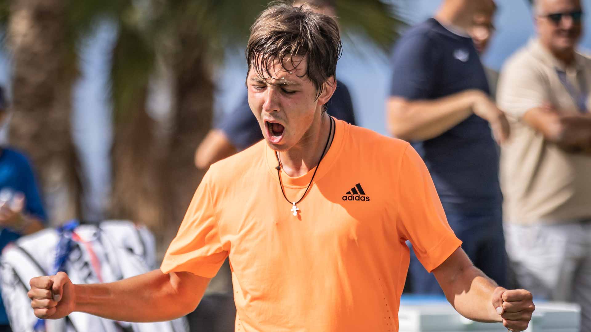 Alexander Shevchenko celebrates winning his second Challenger crown.