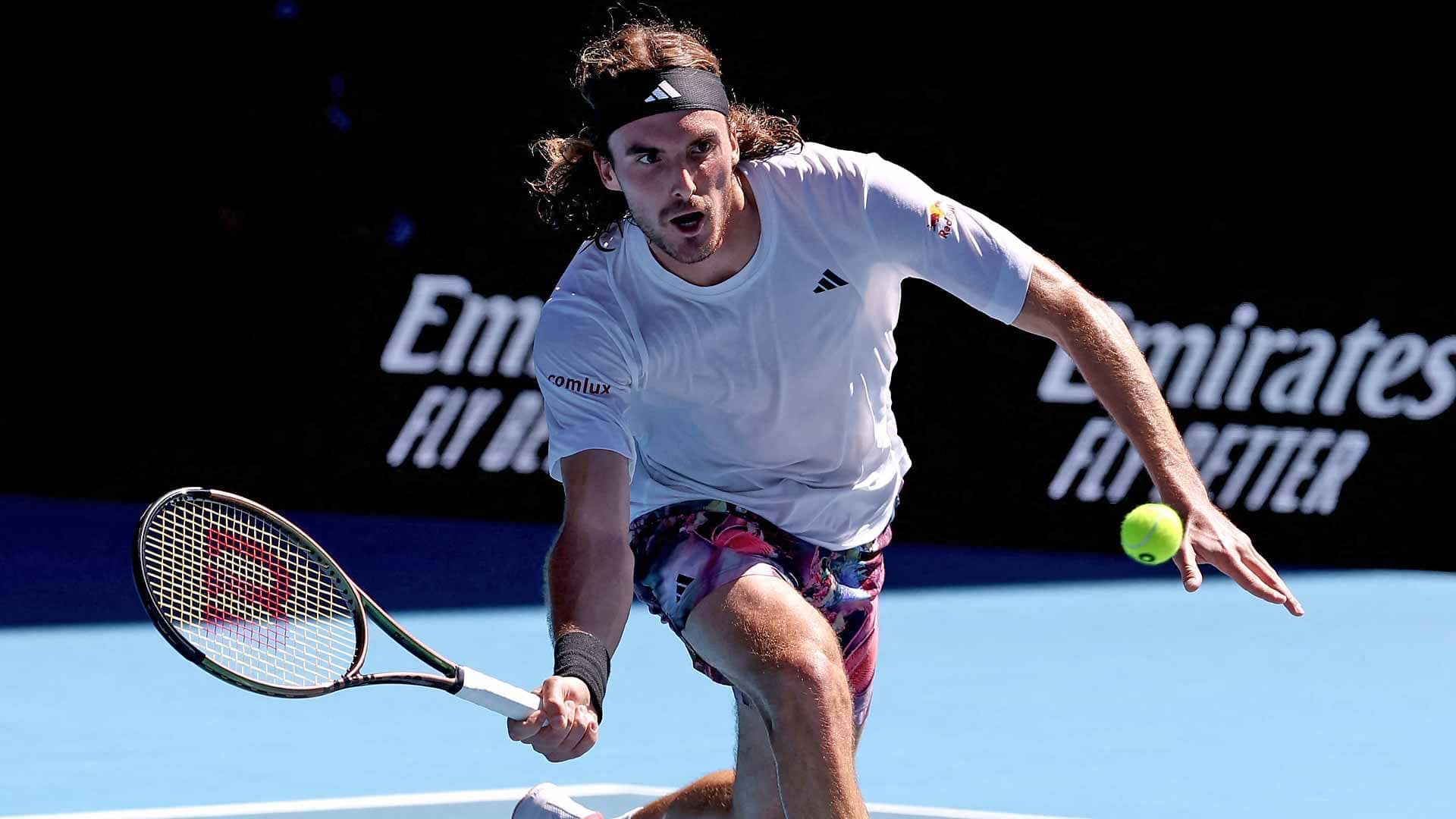 Stefanos Tsitsipas in action during his four-set semi-final win against Karen Khachanov on Friday in Melbourne.