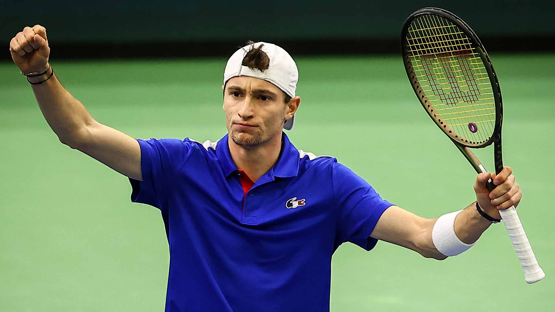 Ugo Humbert celebrates on Saturday after sealing victory for France in its Davis Cup Qualifier against Hungary.