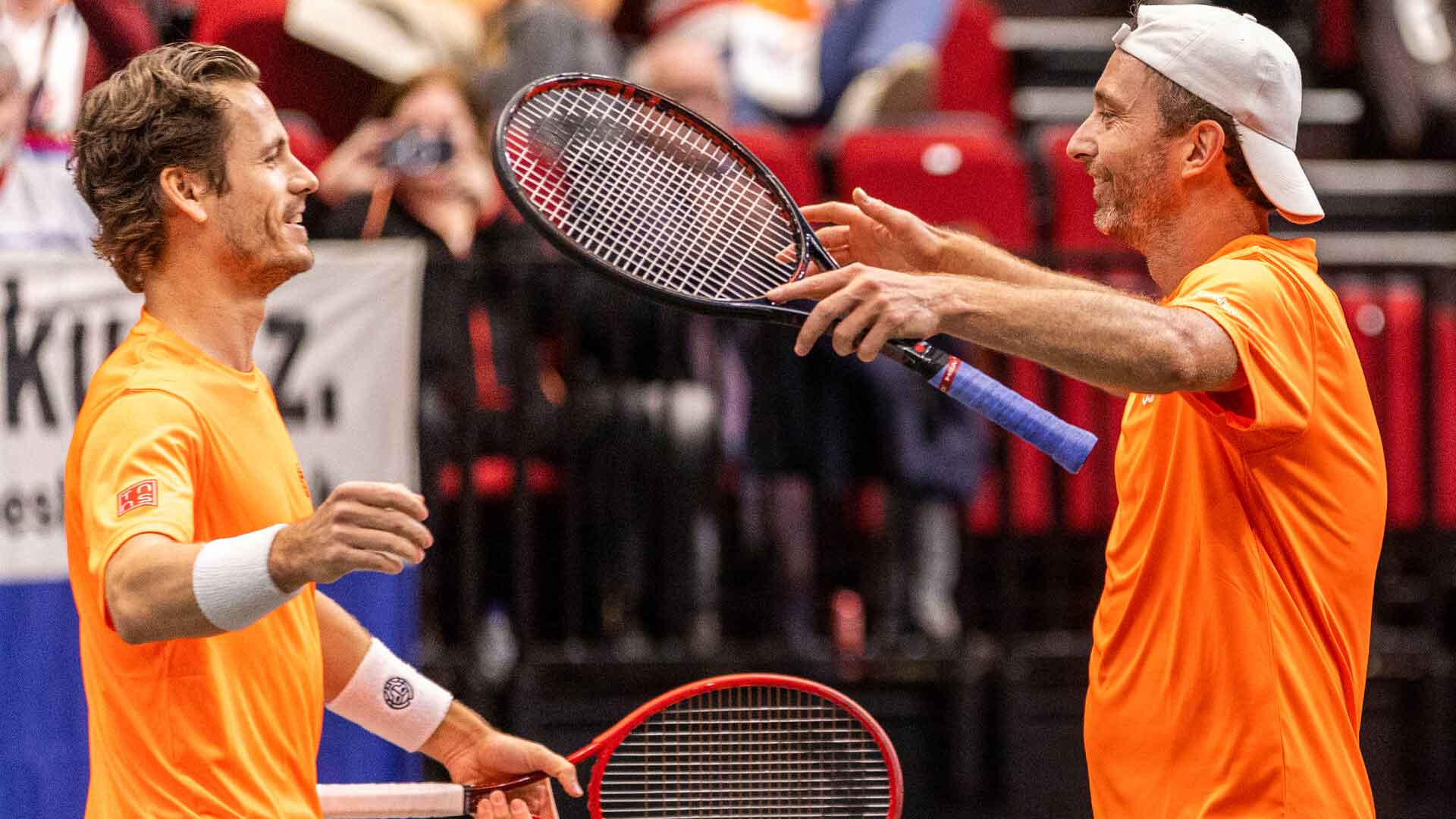 Wesley Koolhof and Matwe Middelkoop celebrate clinching the tie for the Netherlands on Sunday.