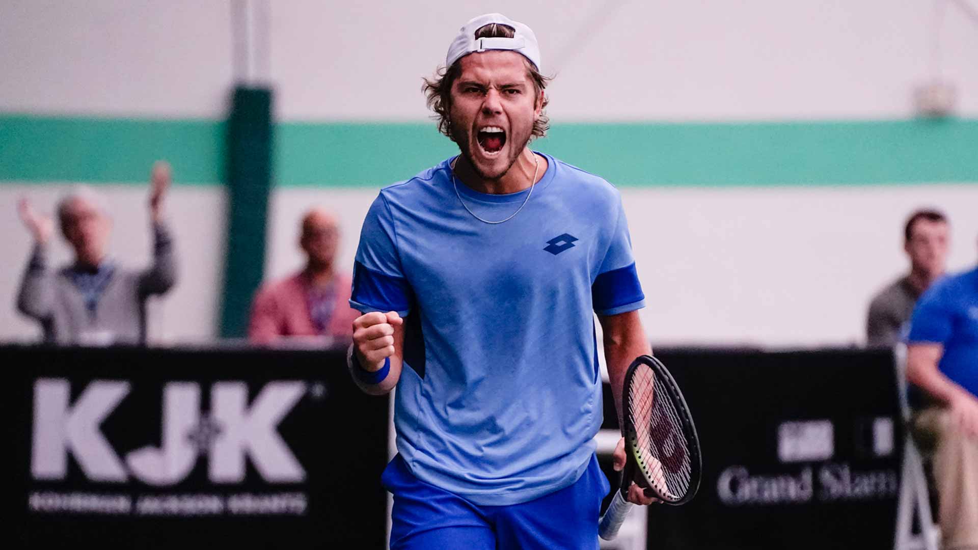 <a href='https://www.atptour.com/en/players/aleksandar-kovacevic/k0az/overview'>Aleksandar Kovacevic</a> celebrates winning the Challenger 75 event in Cleveland, Ohio.