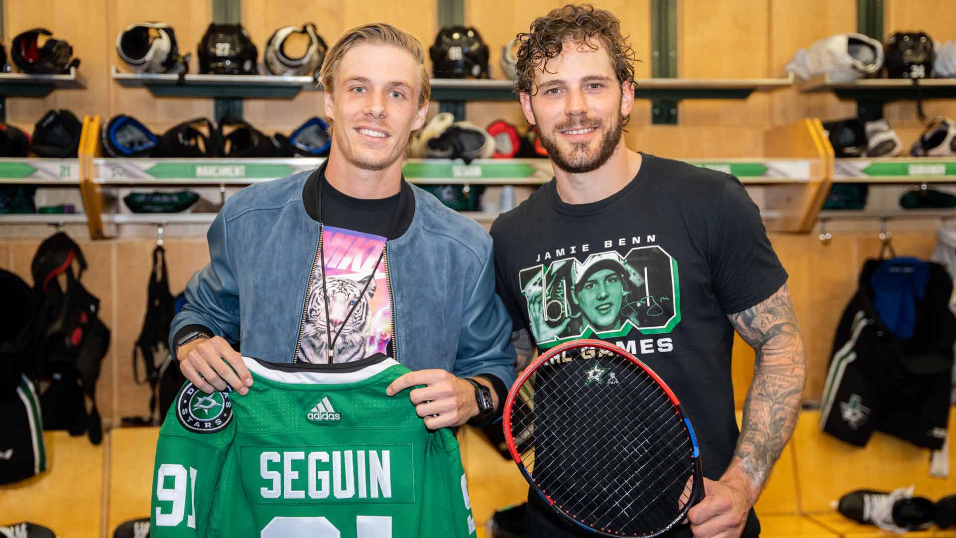 Denis Shapovalov poses with NHL star Tyler Seguin of the Dallas Stars.