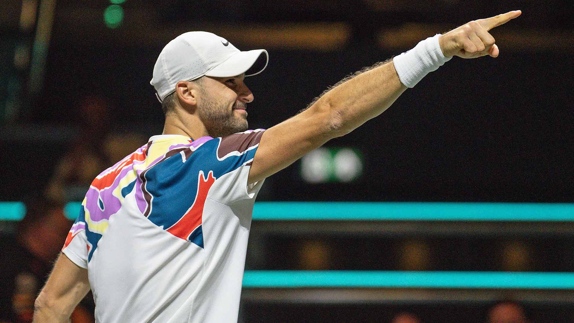 Grigor Dimitrov defeats Aslan Karatsev in straight sets on Monday in Rotterdam.