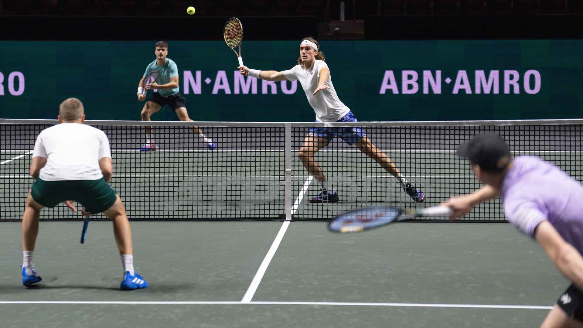 Lloyd Glasspool and Harri Heliovaara break serve three times to defeat Petros Tsitsipas and Stefanos Tsitsipas in Rotterdam.