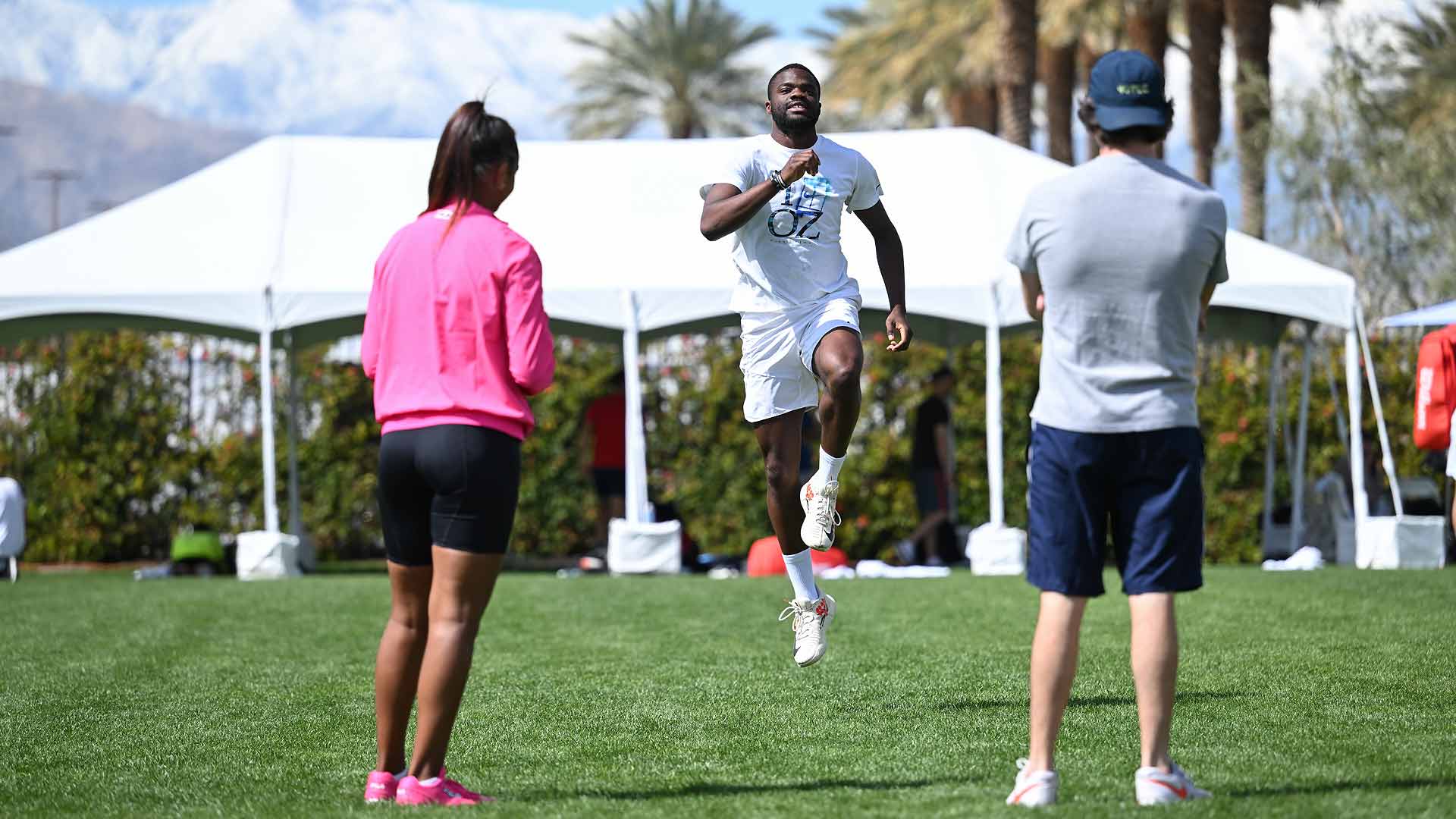 Frances Tiafoe warms up for practice at the BNP Paribas Open.