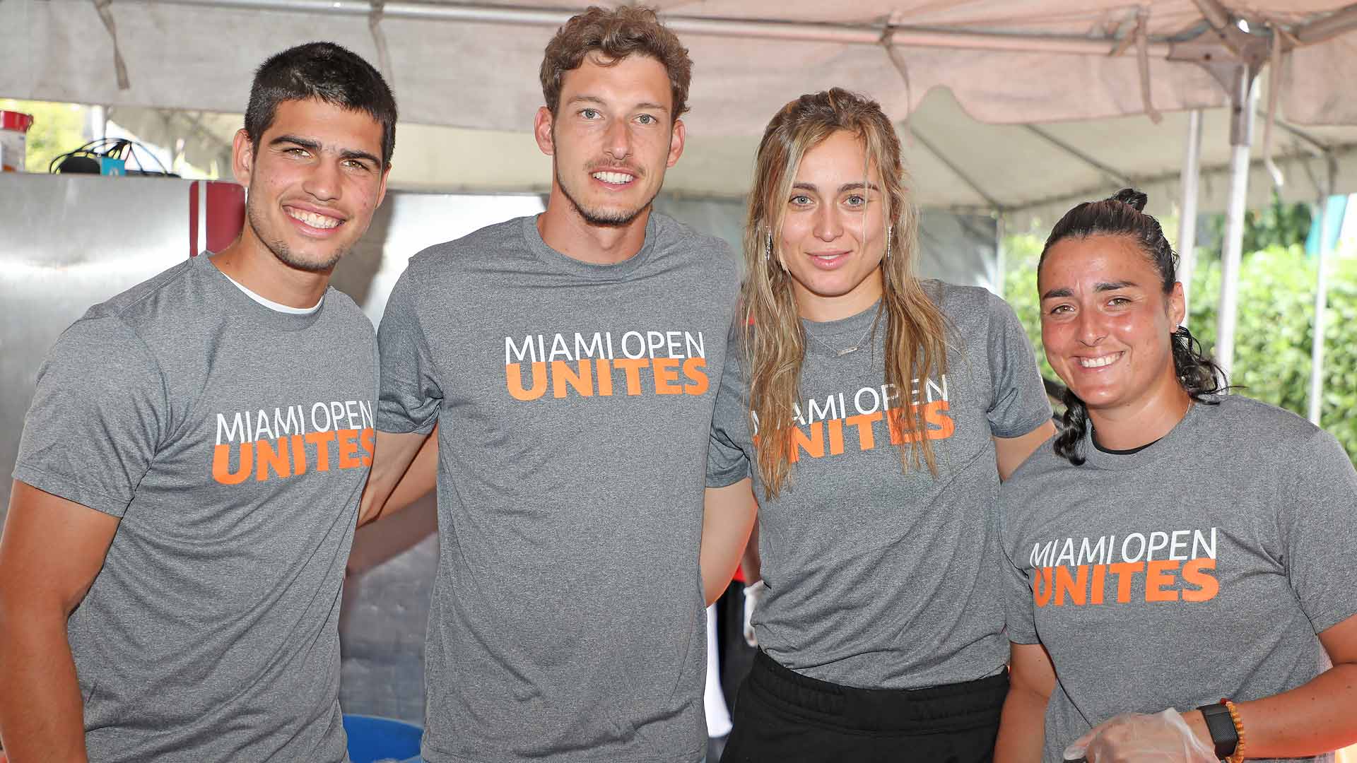 Carlos Alcaraz and Pablo Carreno Busta at the 2022 Miami Open Unites campaign alongside WTA stars Paula Badosa and Ons Jabeur.