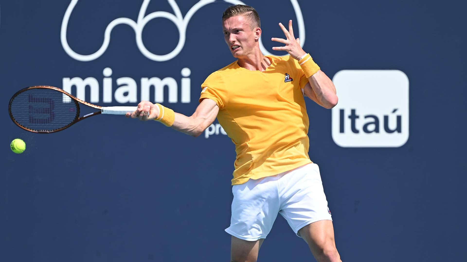 Jiri Lehecka fires a forehand against Federico Coria on Thursday at the Miami Open presented by Itau.